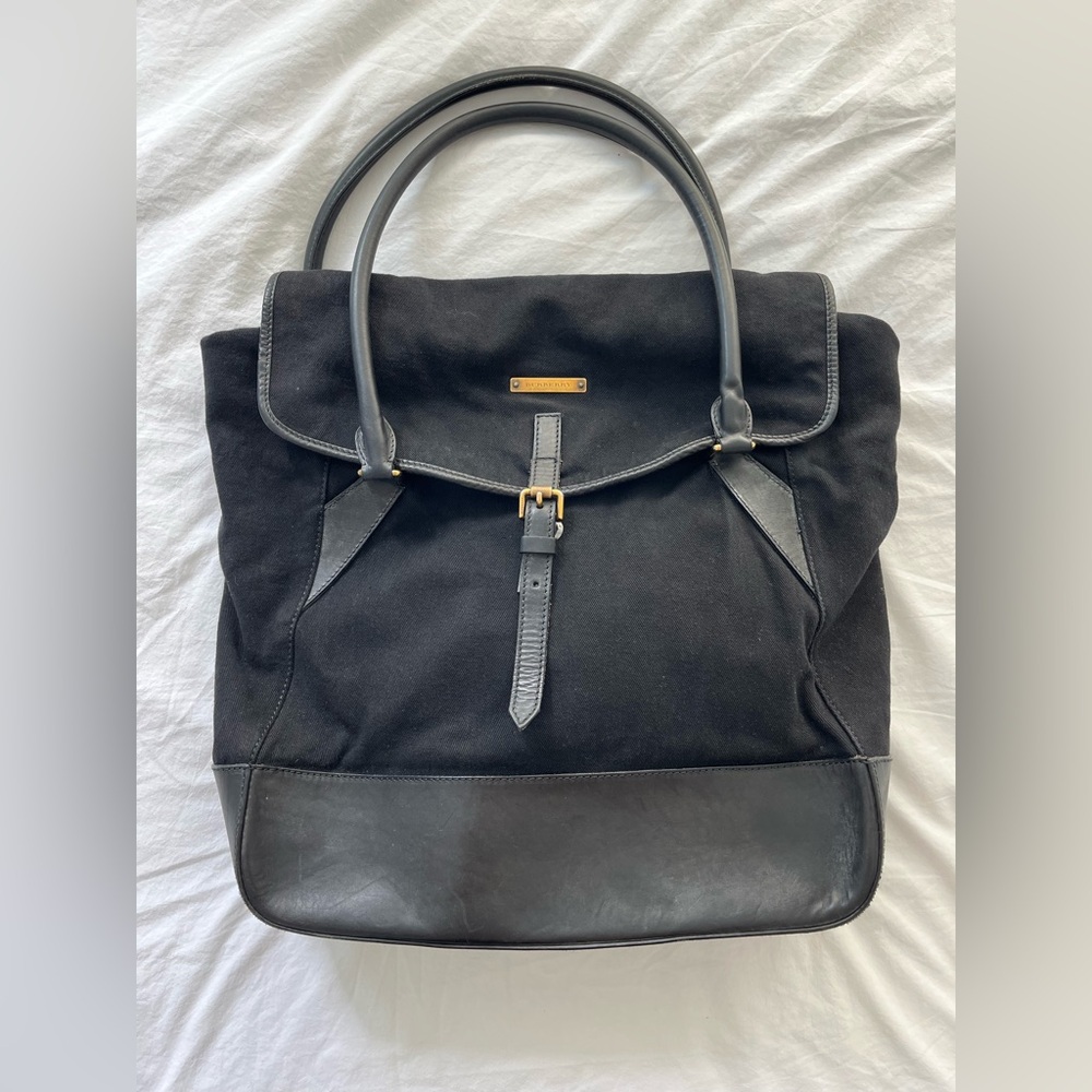 Burberry Black Canvas Tote Bag with Leather Trims